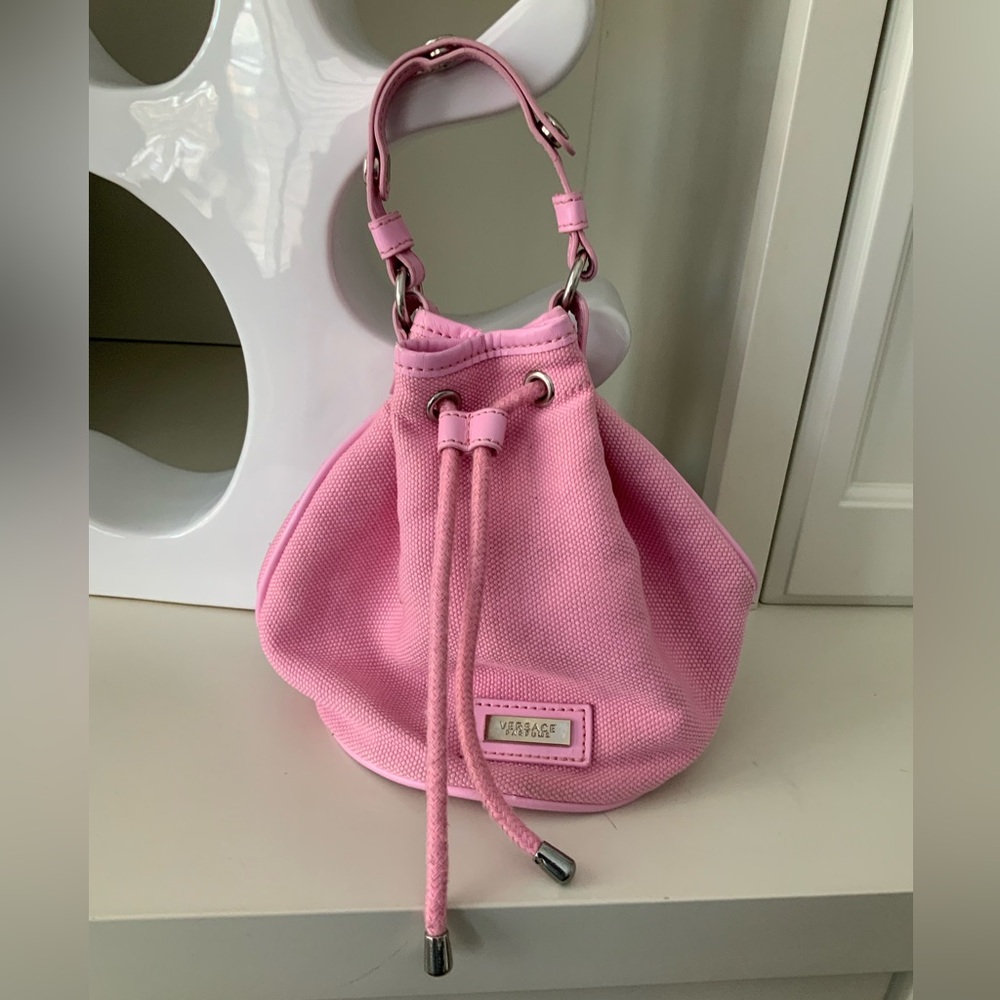 VERSACE PERFUME Small Fabric Pink Drawstring Bucket Top Handle Bag purse Women’s